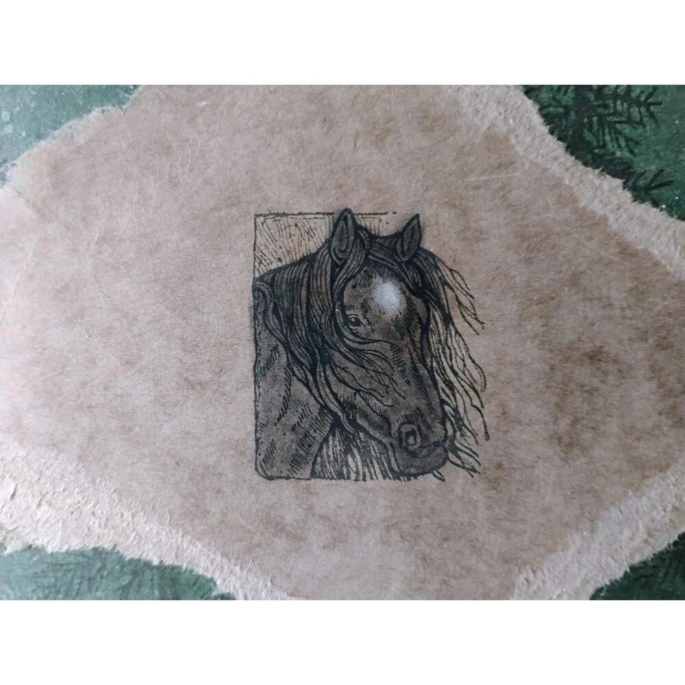 Miniature Mixed Media Horse Block Print Art 5.5x7 Rustic Pine Forest Card